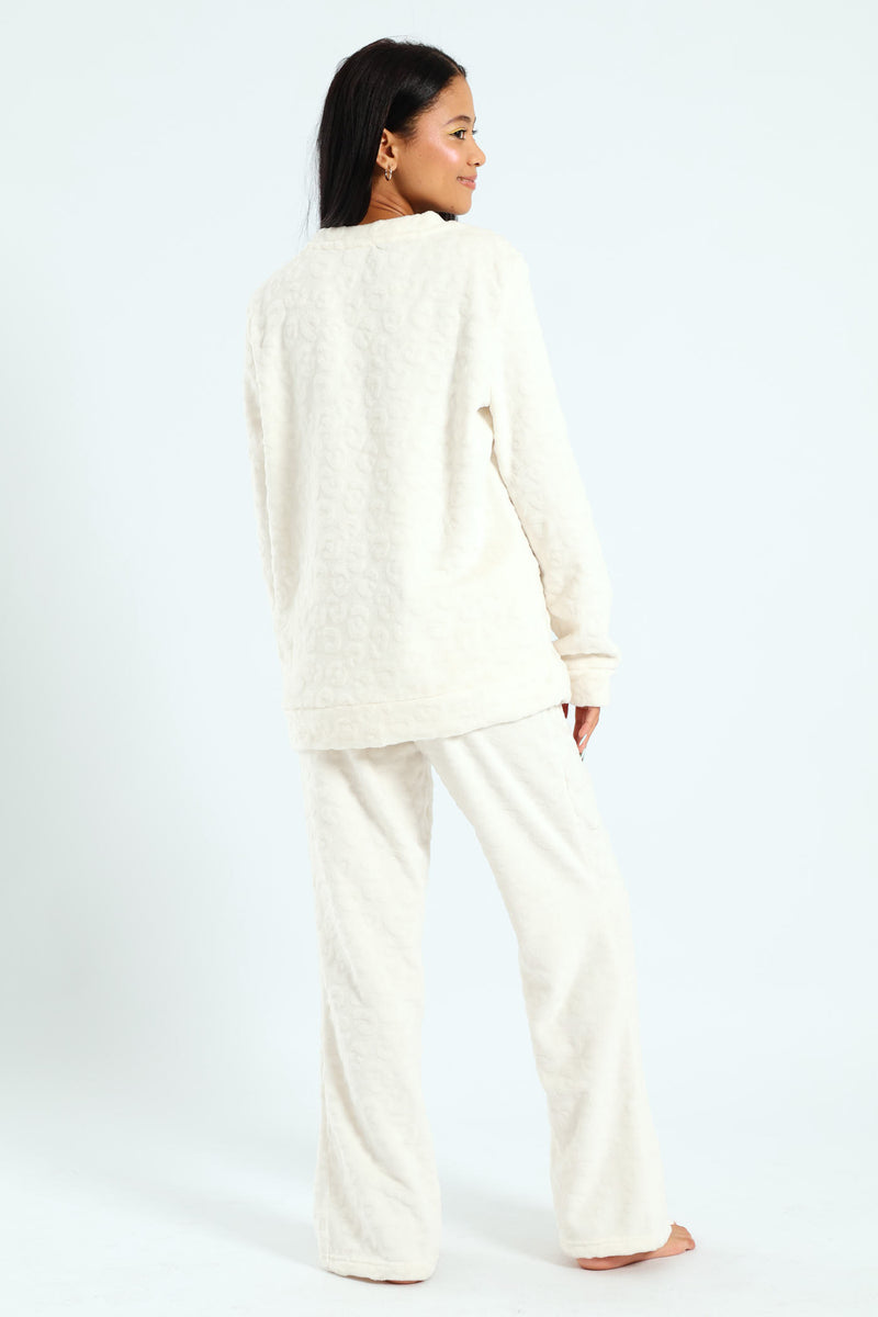 Long Sleeve & Cosy Flare Leg Sleep Set - Cream