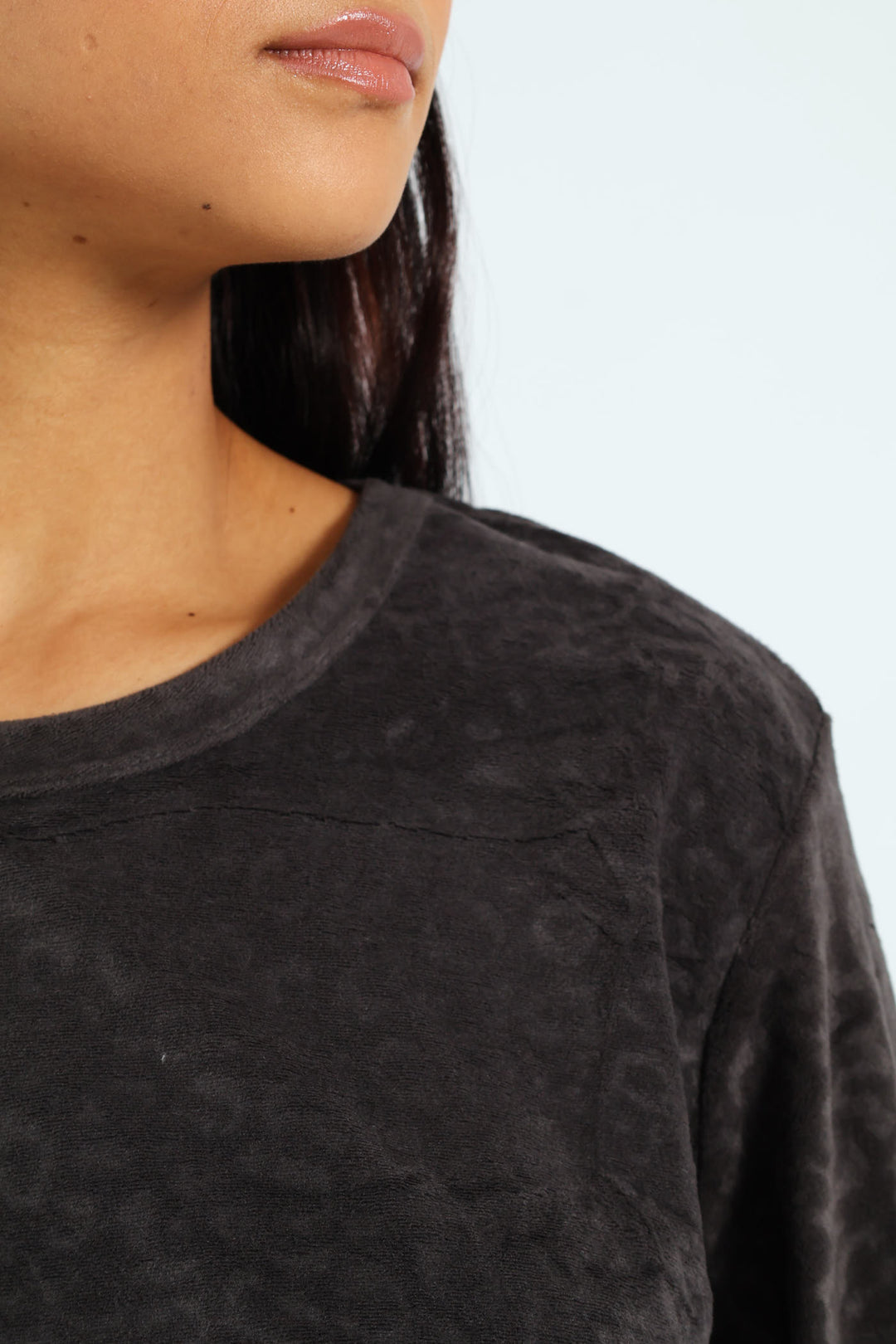 Long Sleeve Embossed Animal Print Top & Pants Set - Charcoal