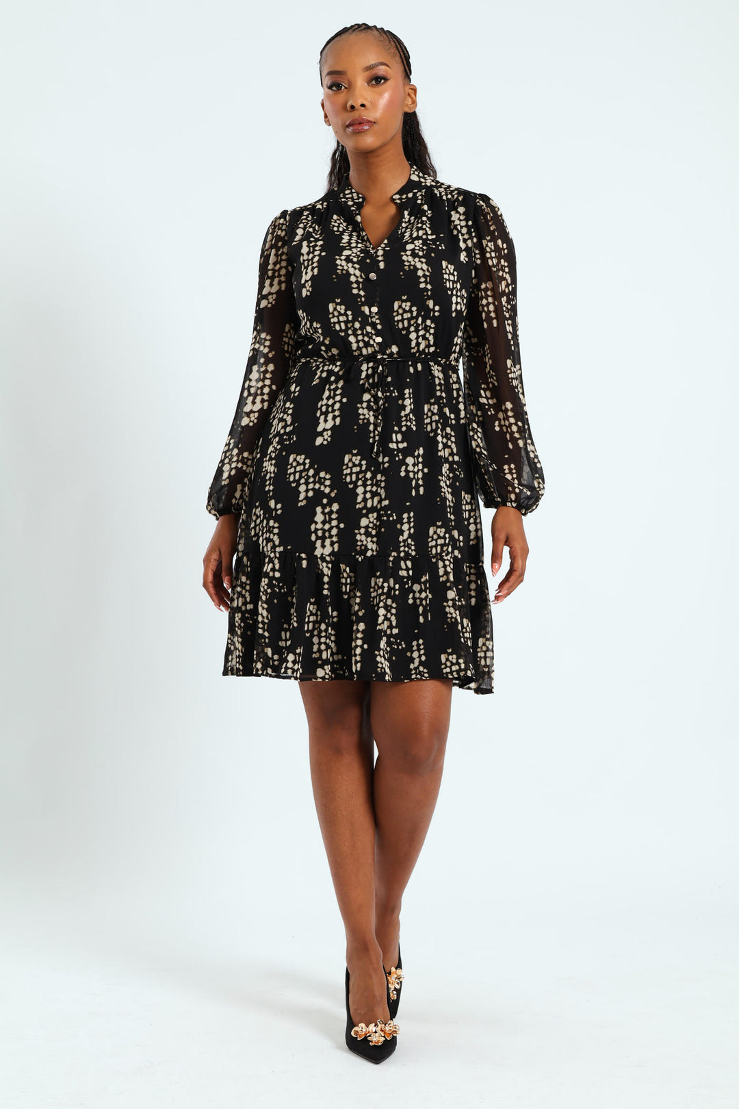 Flutter Sleeve Monochrome Tea Dress - Black/Cream