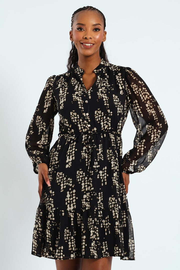 Flutter Sleeve Monochrome Tea Dress - Black/Cream
