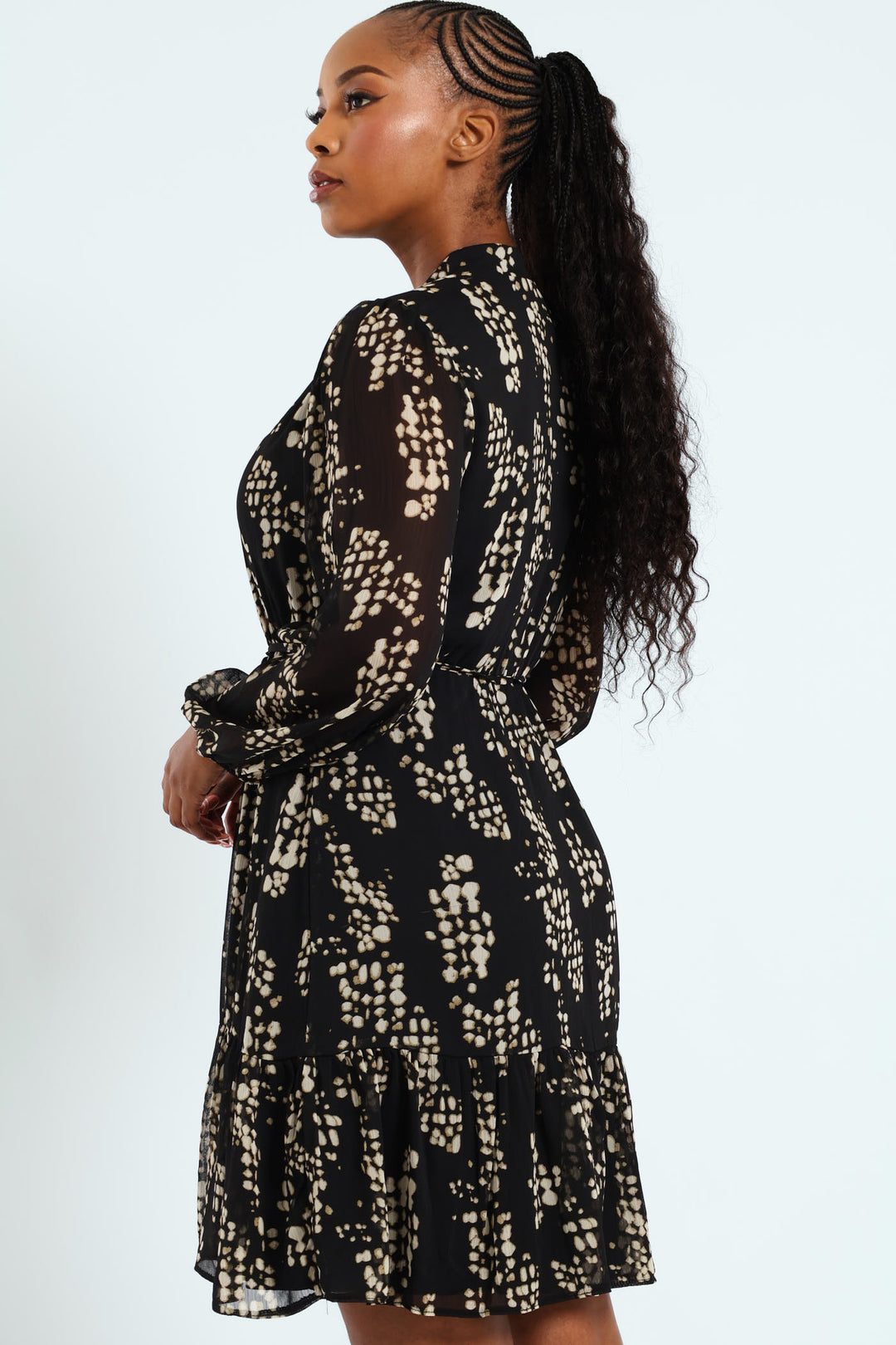 Flutter Sleeve Monochrome Tea Dress - Black/Cream