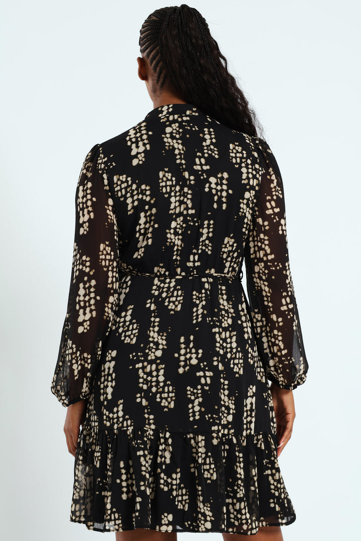 Flutter Sleeve Monochrome Tea Dress - Black/Cream