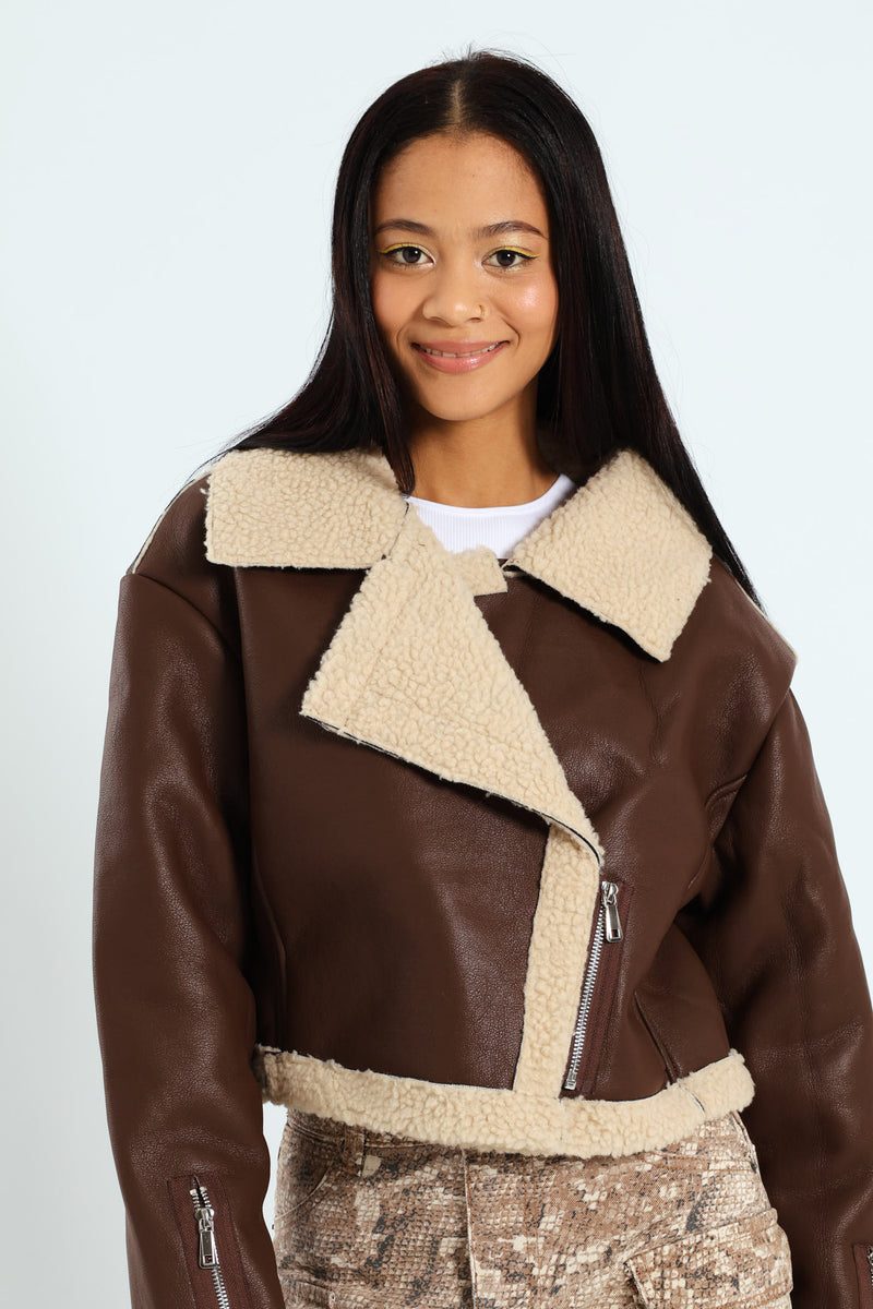 Ladies Sherpa Aviator Jacket - Chocolate – Edgars