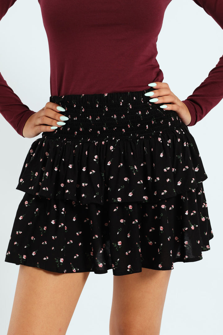 Rara Floral Smock Mini Skirt - Black