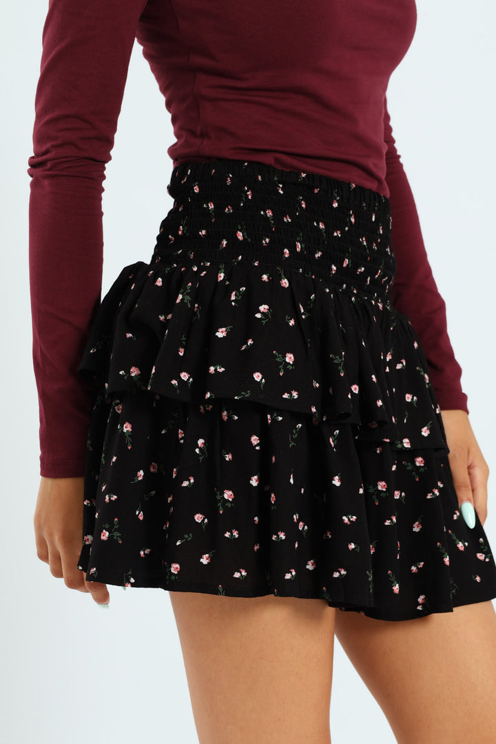 Rara Floral Smock Mini Skirt - Black