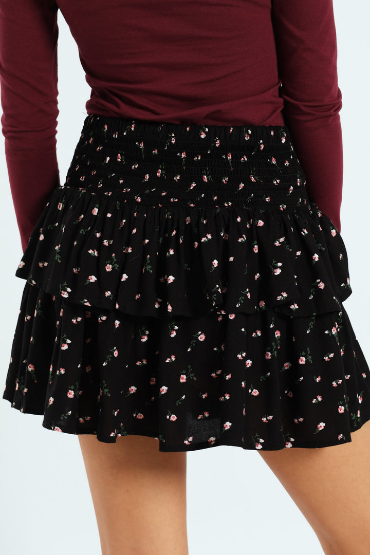 Rara Floral Smock Mini Skirt - Black