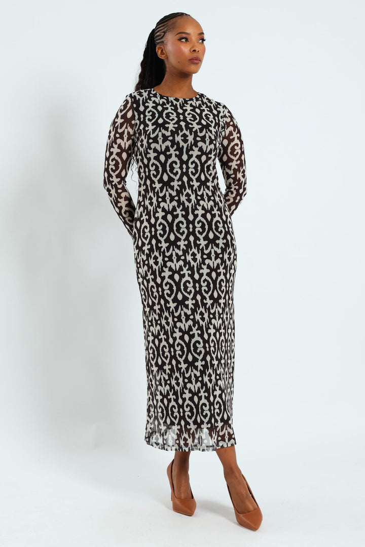Printed Mesh A-Line Maxi Dress - Black/Cream