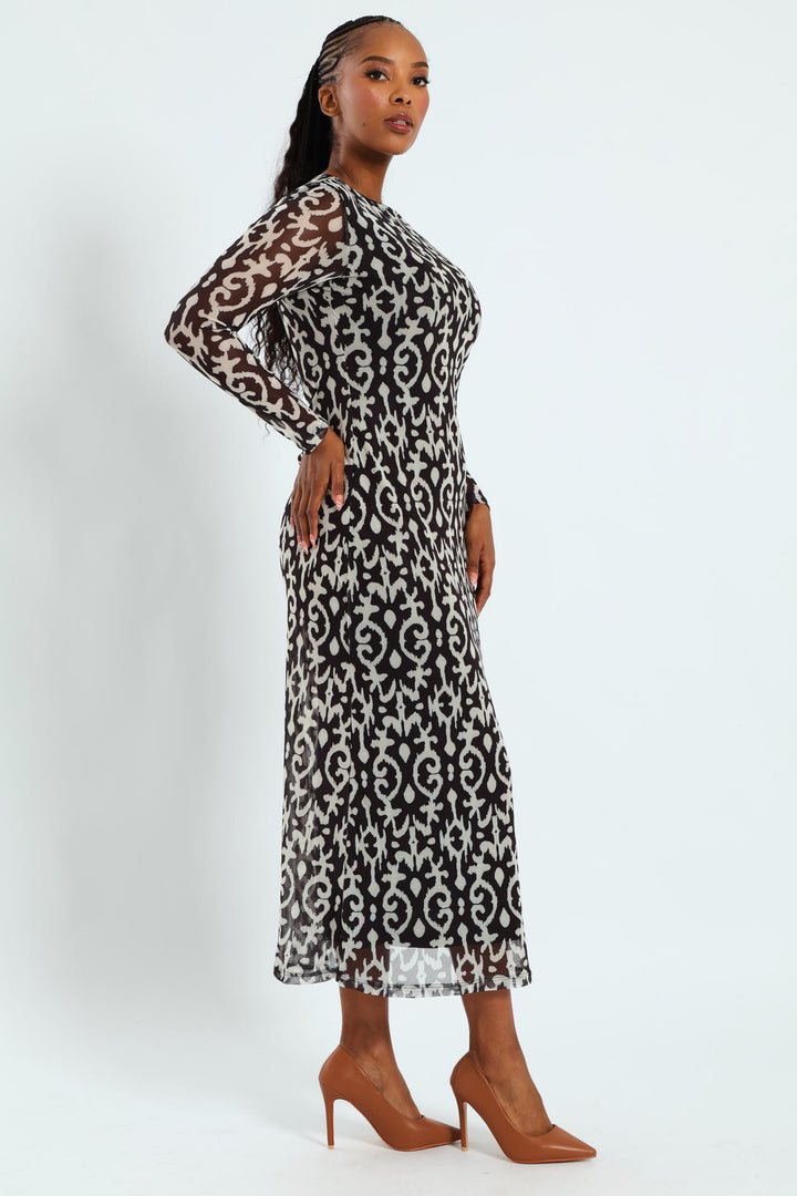Printed Mesh A-Line Maxi Dress - Black/Cream