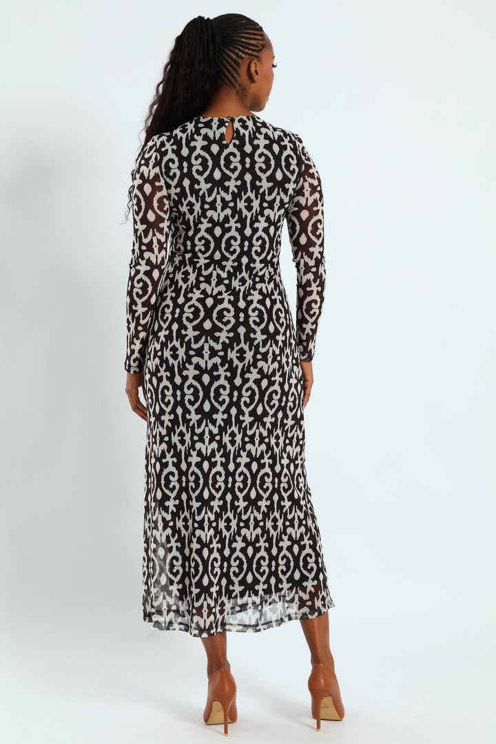 Printed Mesh A-Line Maxi Dress - Black/Cream