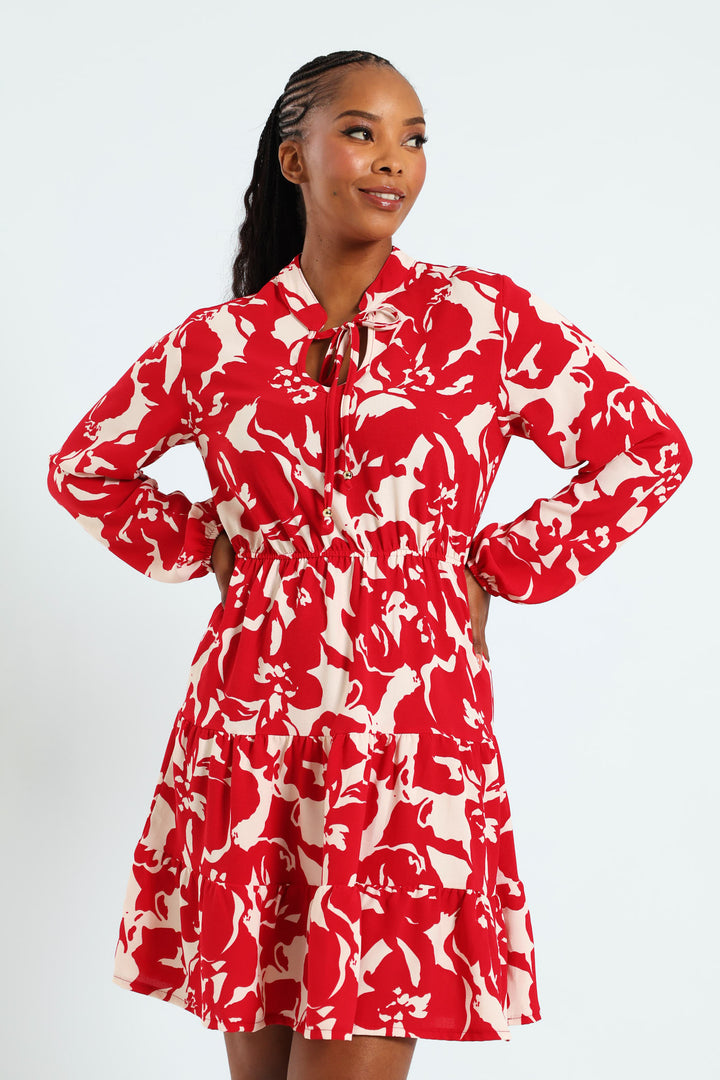 Mandarin Collar Waisted Tiered Mini Dress With Tie Front - White/Red