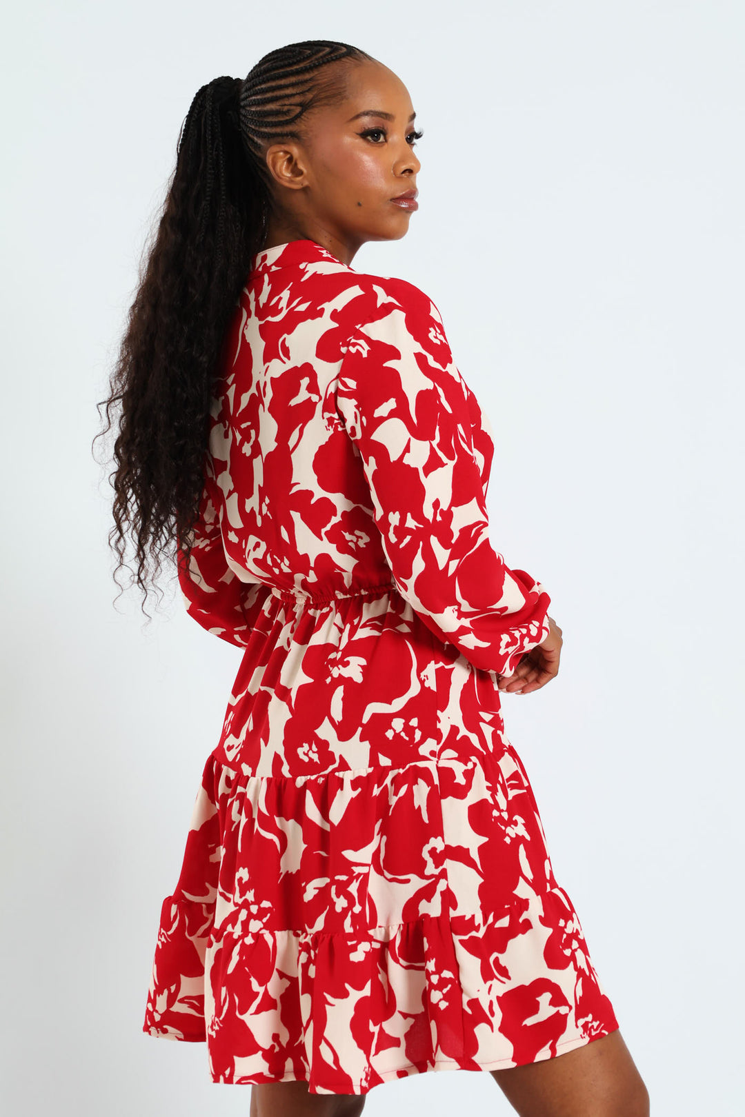 Mandarin Collar Waisted Tiered Mini Dress With Tie Front - White/Red