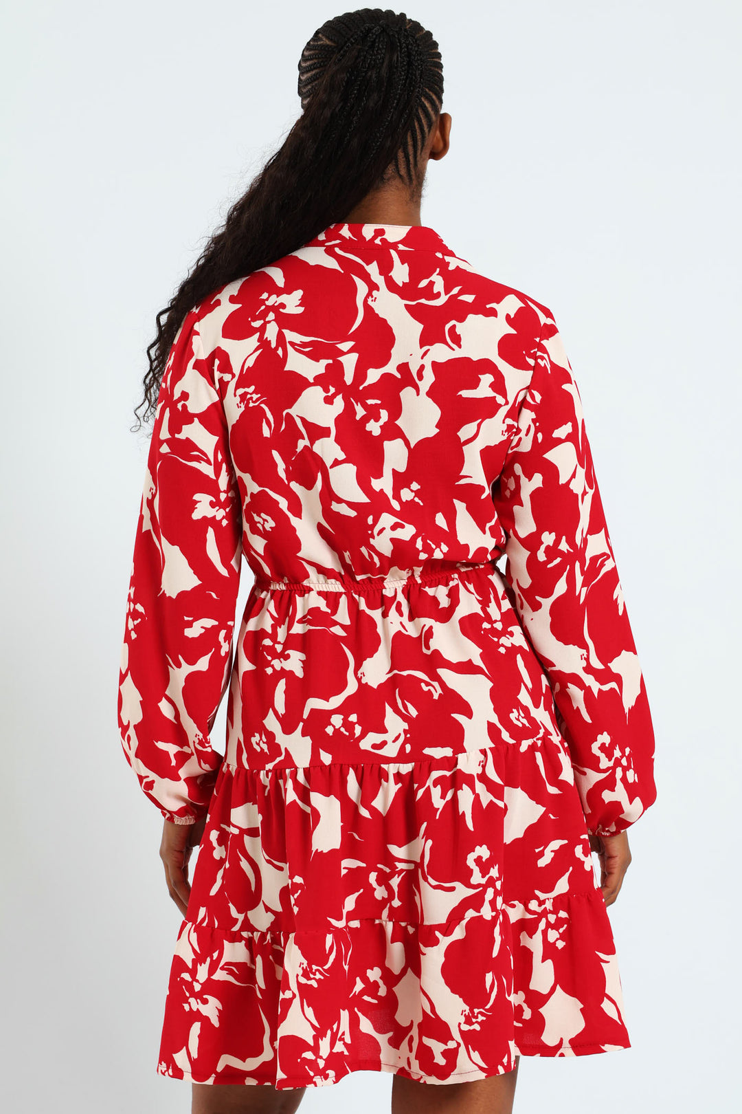 Mandarin Collar Waisted Tiered Mini Dress With Tie Front - White/Red