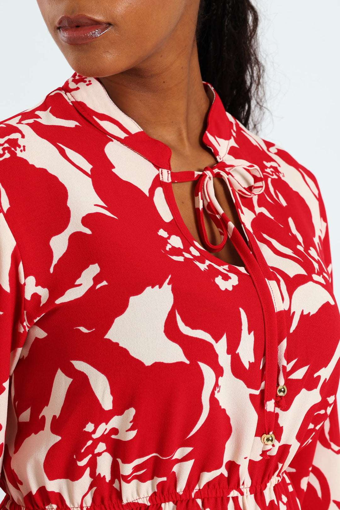 Mandarin Collar Waisted Tiered Mini Dress With Tie Front - White/Red