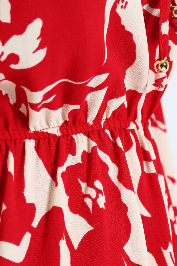 Mandarin Collar Waisted Tiered Mini Dress With Tie Front - White/Red