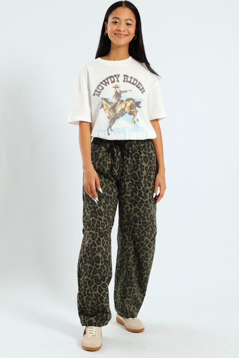Leopard Print Barrel Pants - Green