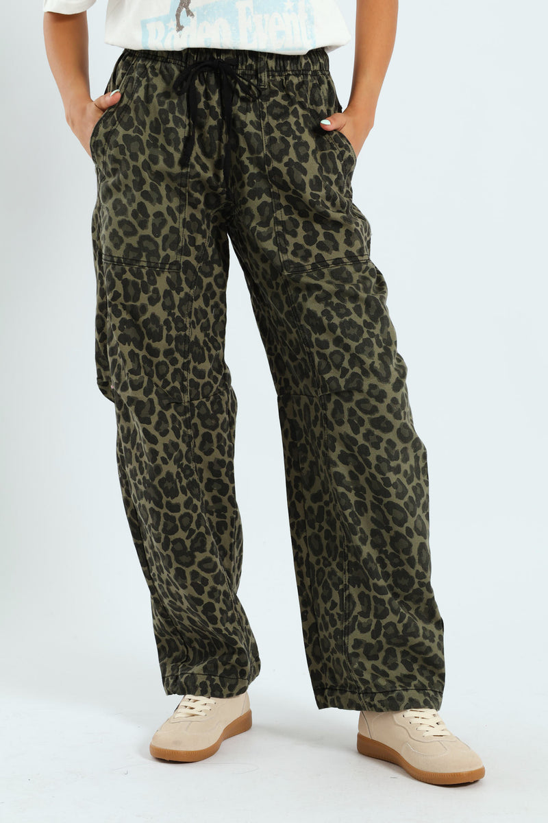 Leopard Print Barrel Pants - Green
