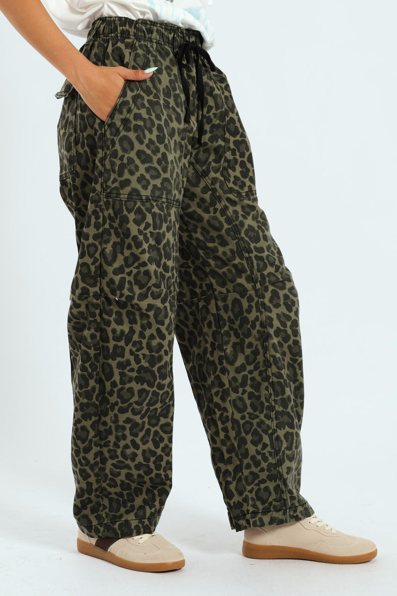 Leopard Print Barrel Pants - Green