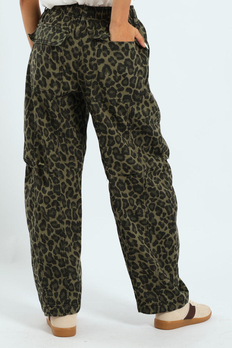 Leopard Print Barrel Pants - Green