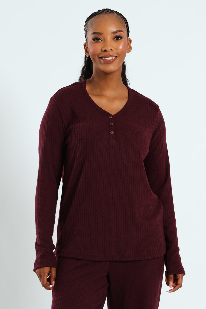 Long Sleeve Brushed Rib Tee - Wine