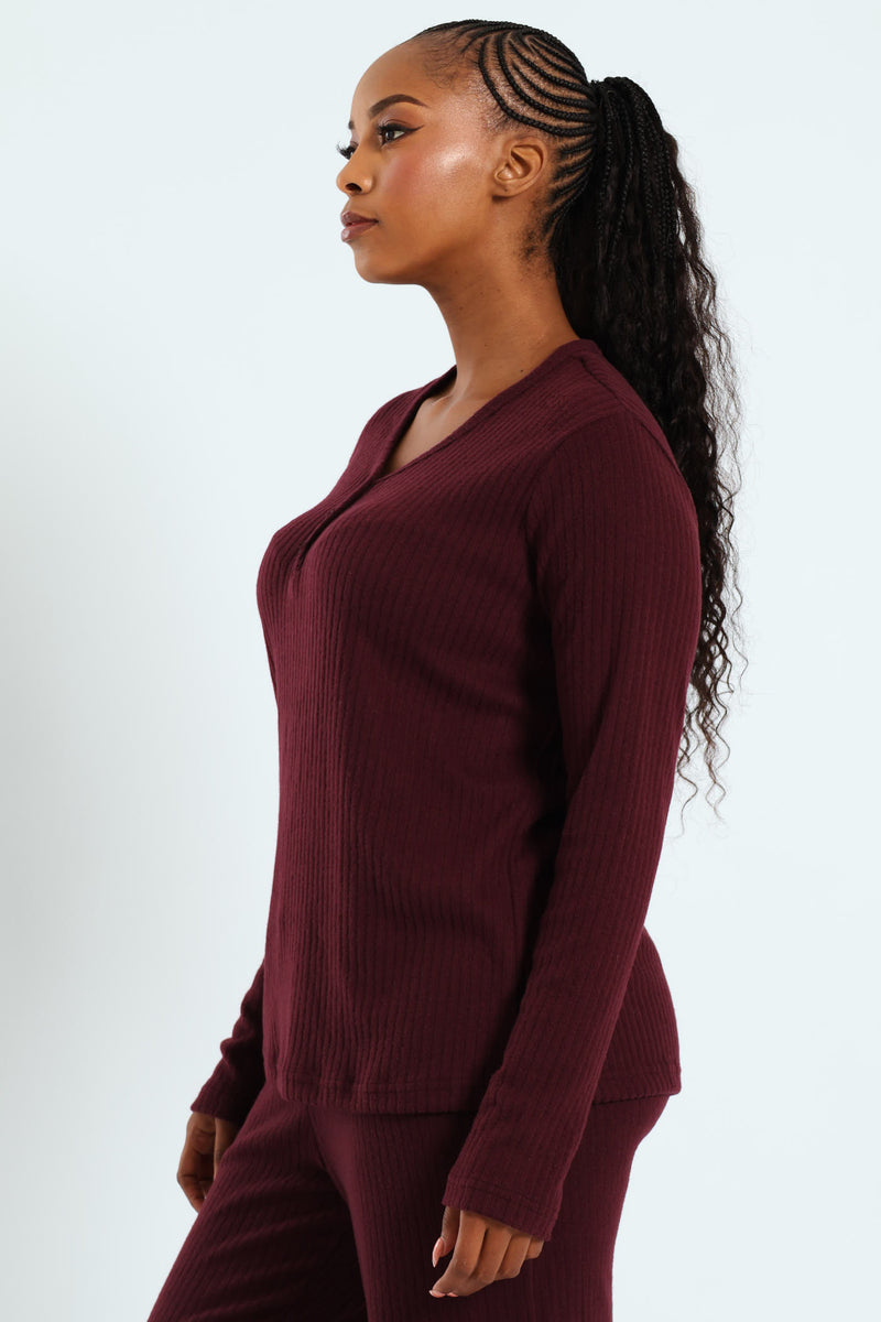 Long Sleeve Brushed Rib Tee - Wine