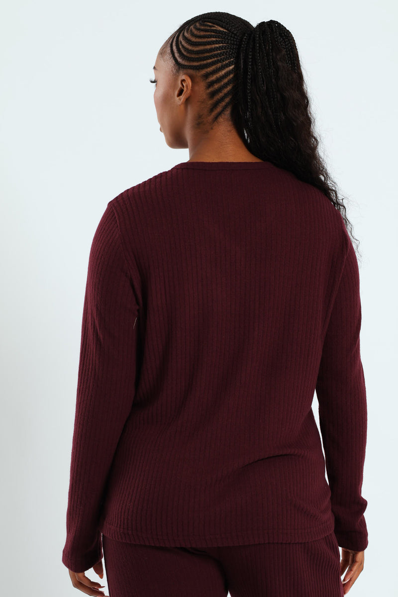 Long Sleeve Brushed Rib Tee - Wine