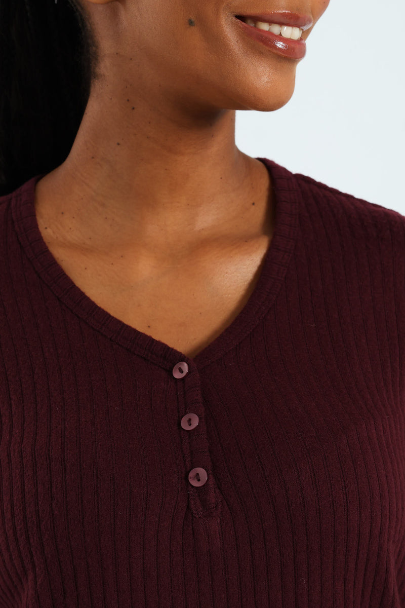 Long Sleeve Brushed Rib Tee - Wine