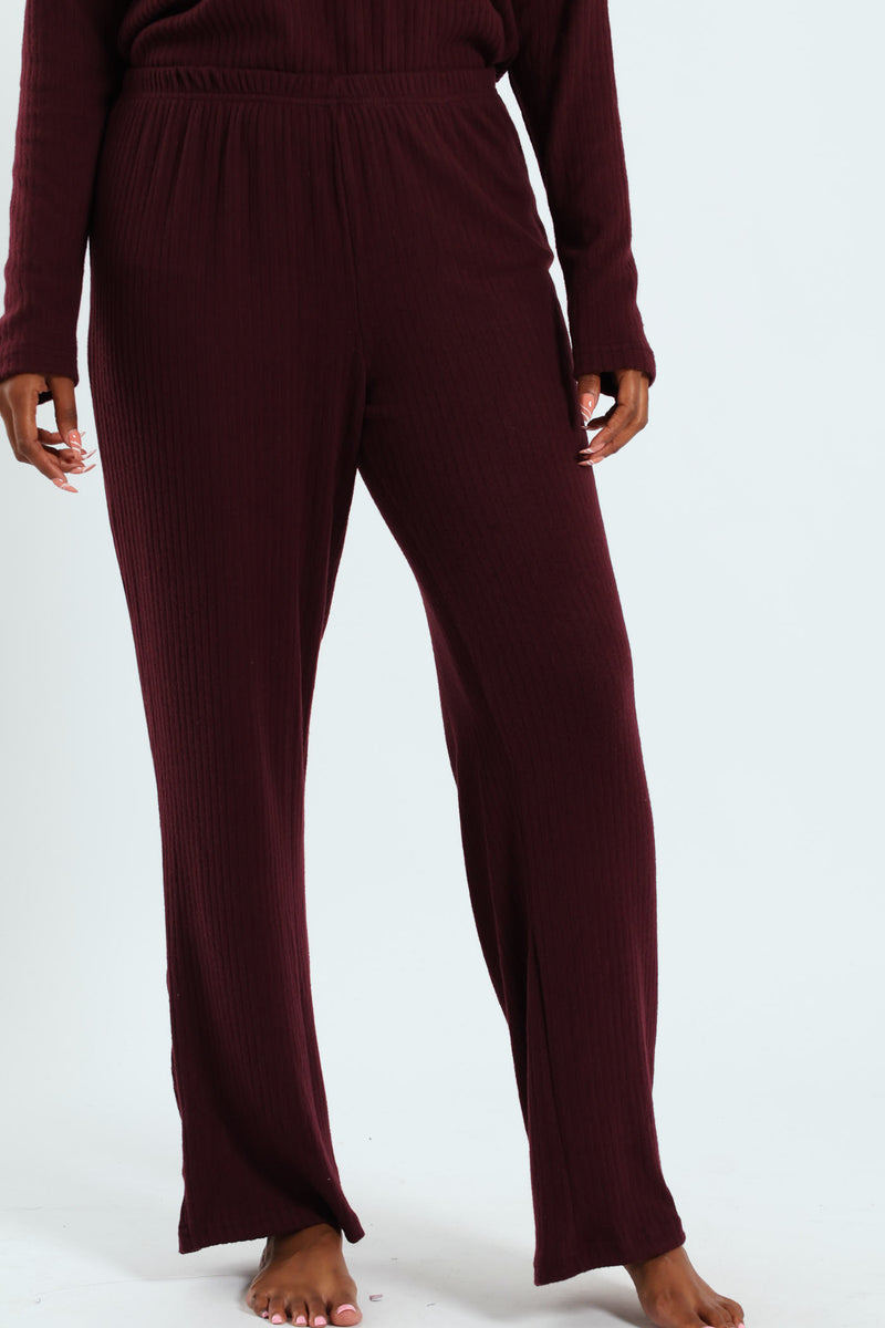 Straight Leg Brushed Rib Pants - Wine