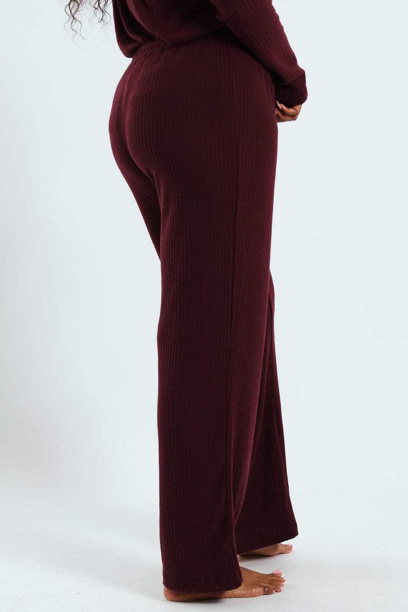 Straight Leg Brushed Rib Pants - Wine