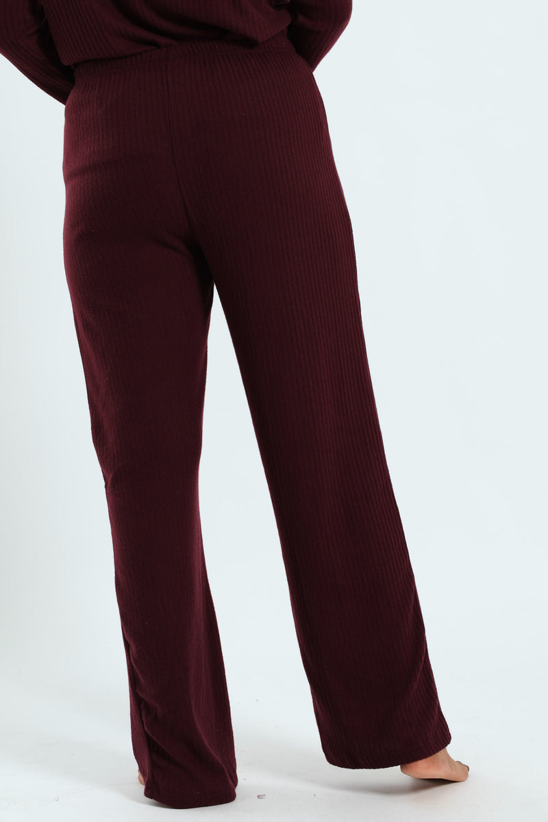 Straight Leg Brushed Rib Pants - Wine
