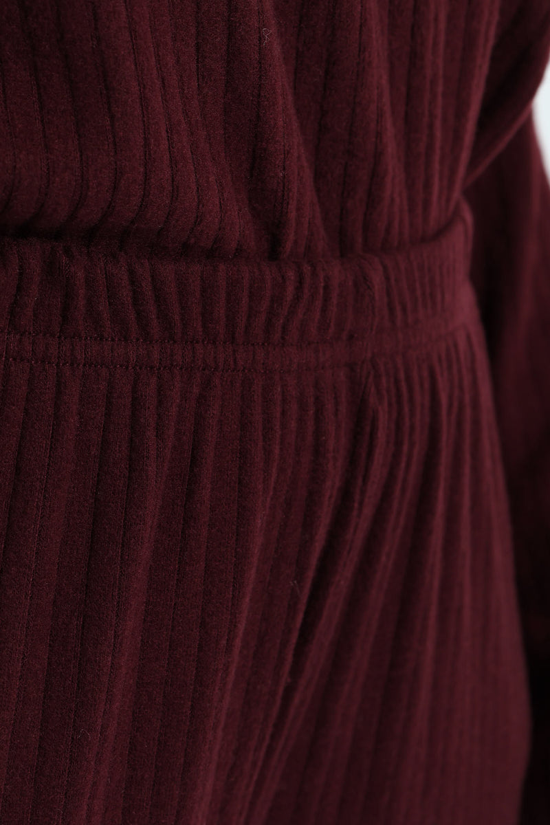 Straight Leg Brushed Rib Pants - Wine
