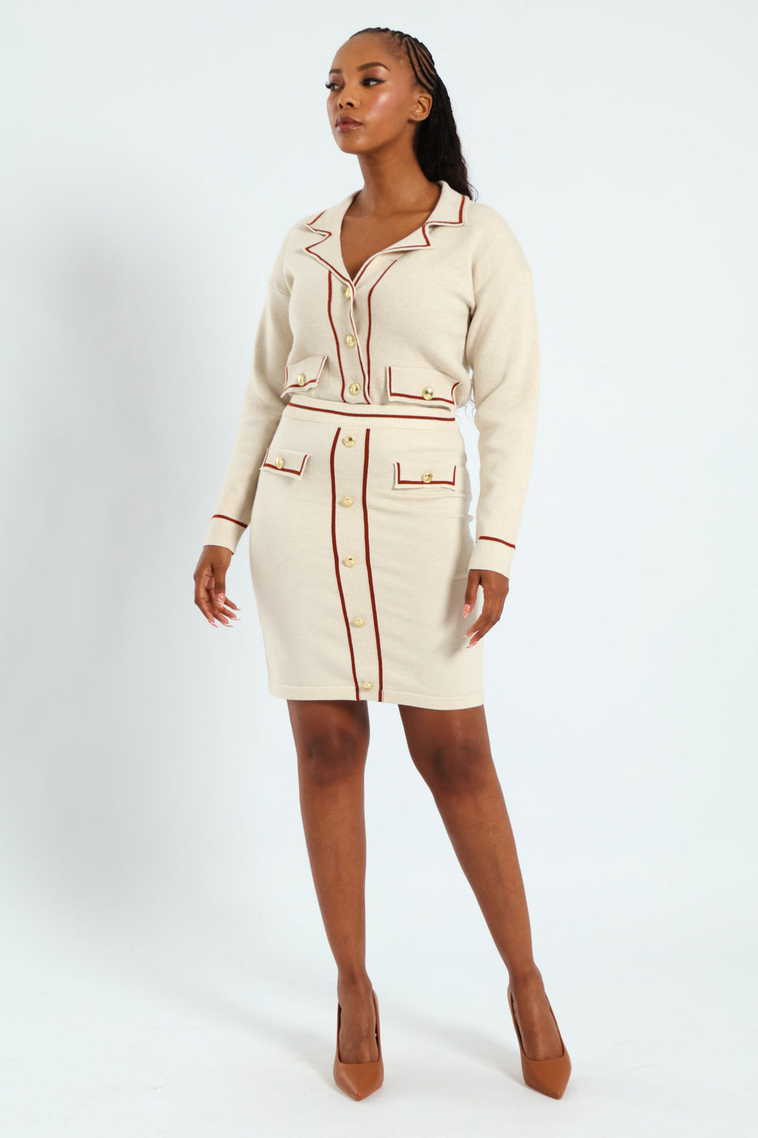 Contrast Printed Styled Knitwear Skirt - Cream