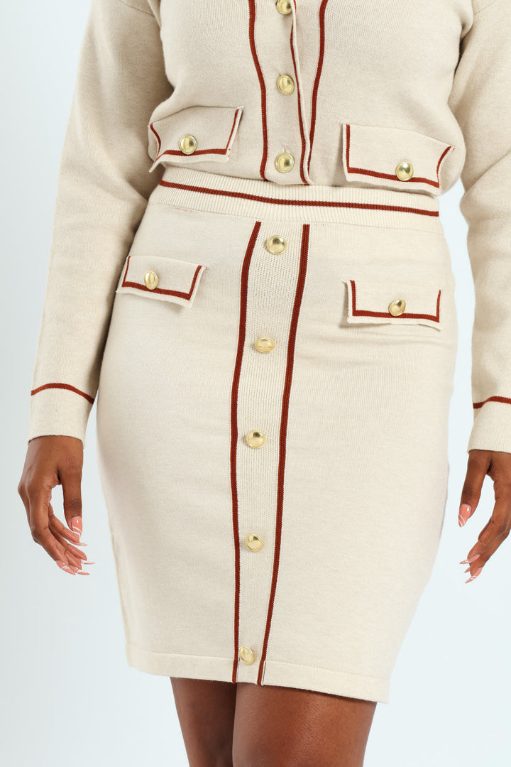 Contrast Printed Styled Knitwear Skirt - Cream
