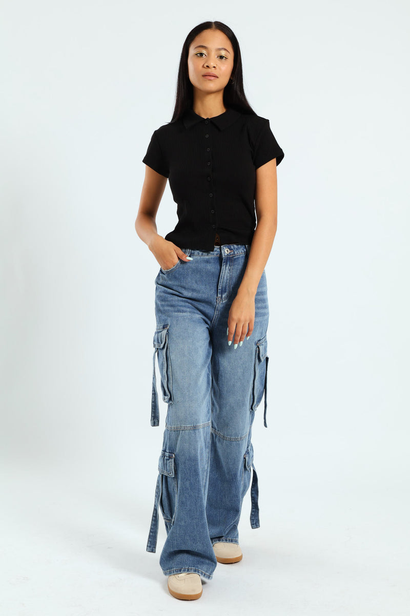 Wide Leg Cargo Jean - Salty Mid Wash