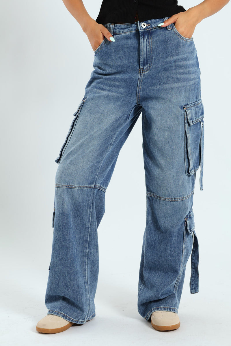 Wide Leg Cargo Jean - Salty Mid Wash
