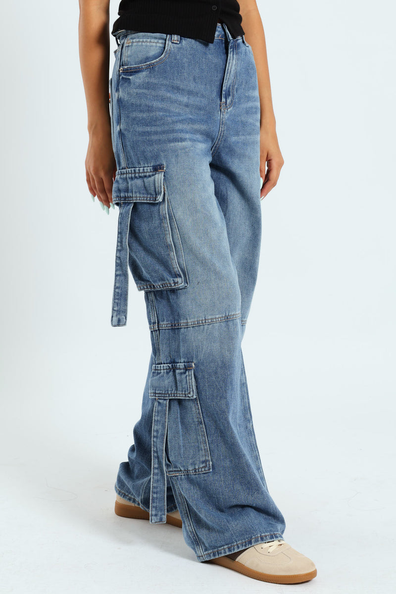 Wide Leg Cargo Jean - Salty Mid Wash