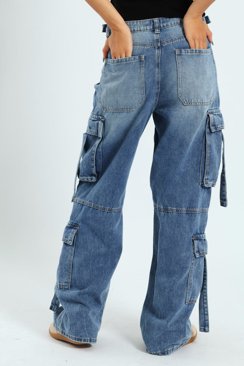 Wide Leg Cargo Jean - Salty Mid Wash