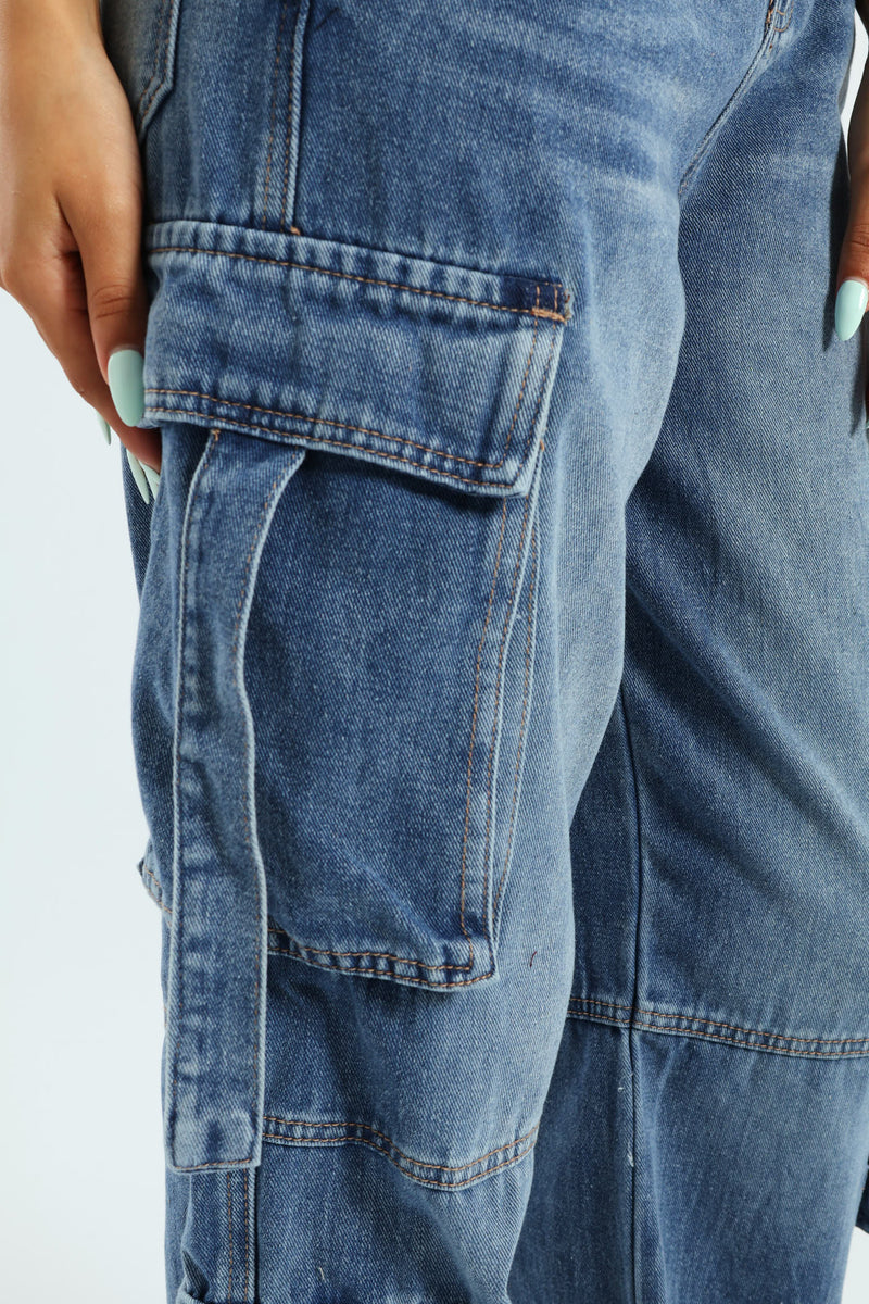 Wide Leg Cargo Jean - Salty Mid Wash