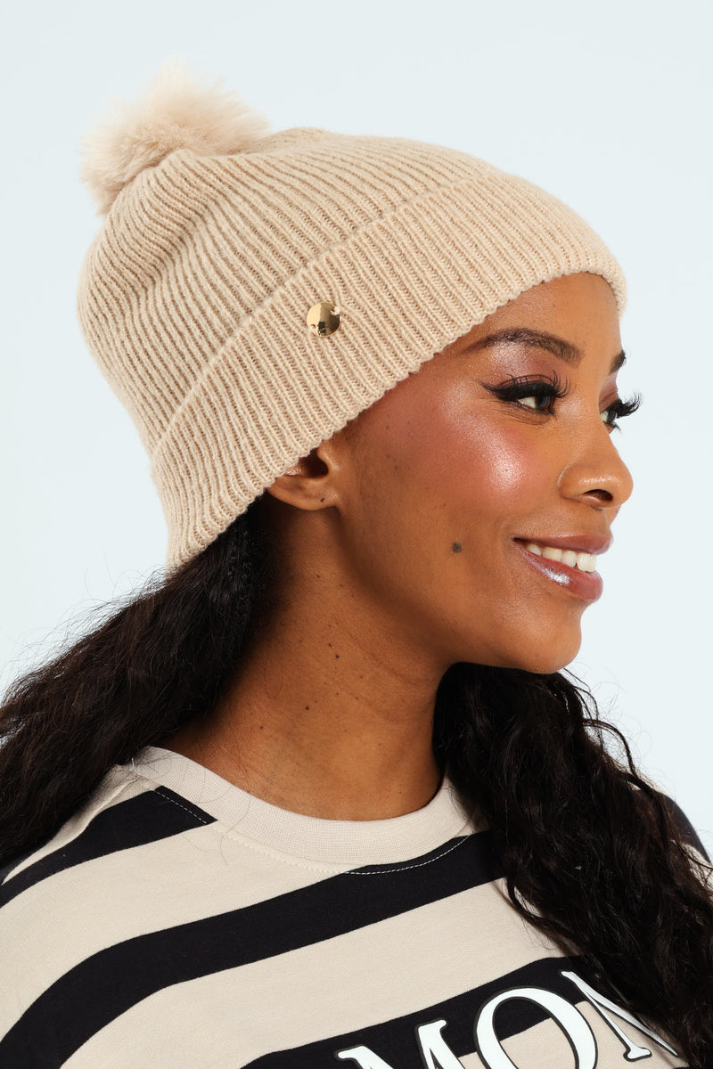 Knitted Turn Up Pom Pom Beanie - Oatmeal