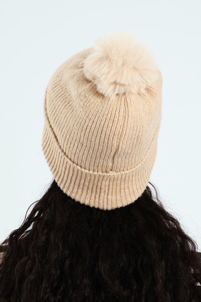 Knitted Turn Up Pom Pom Beanie - Oatmeal