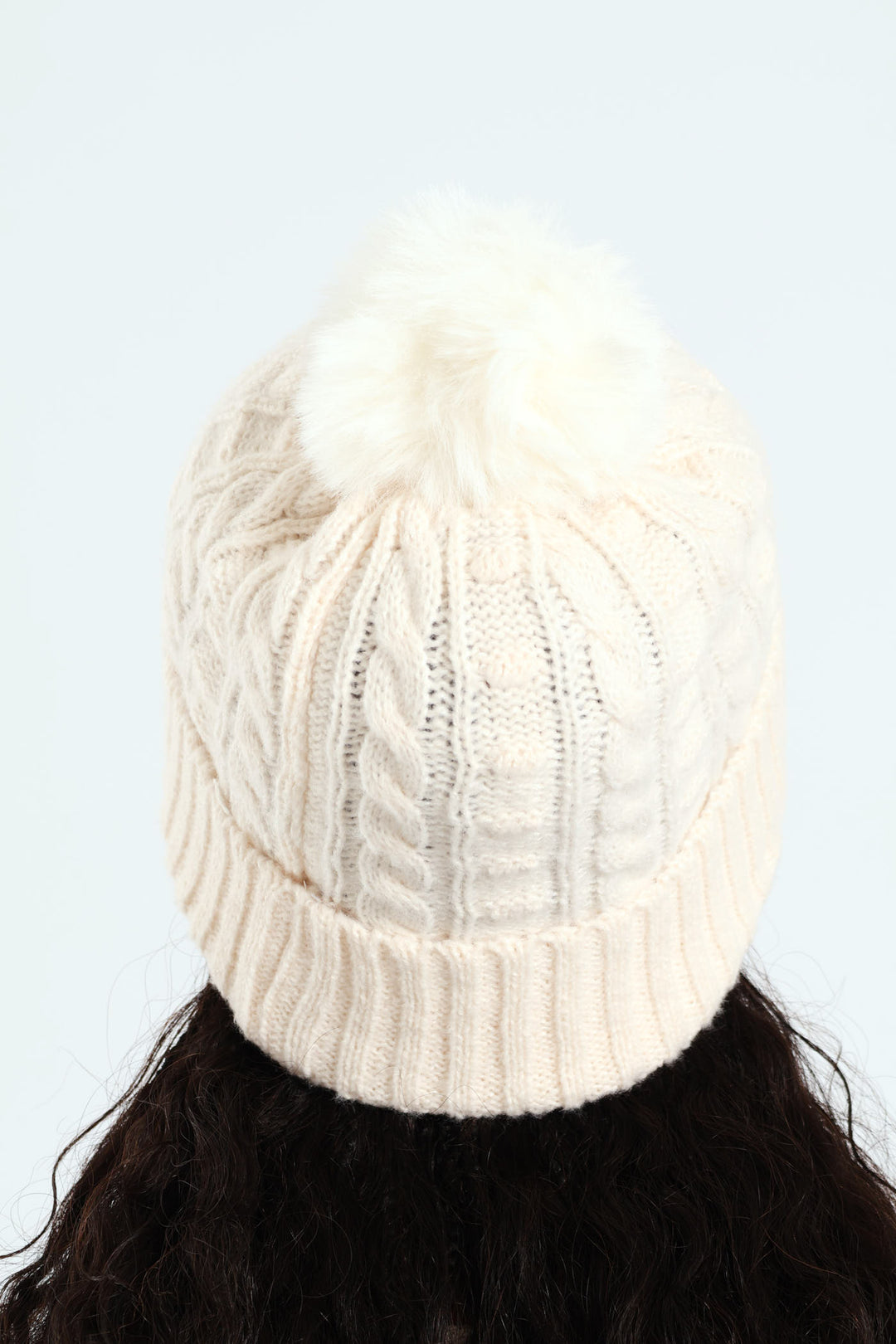 Knitted Turn Up Pom Pom Beanie - Cream