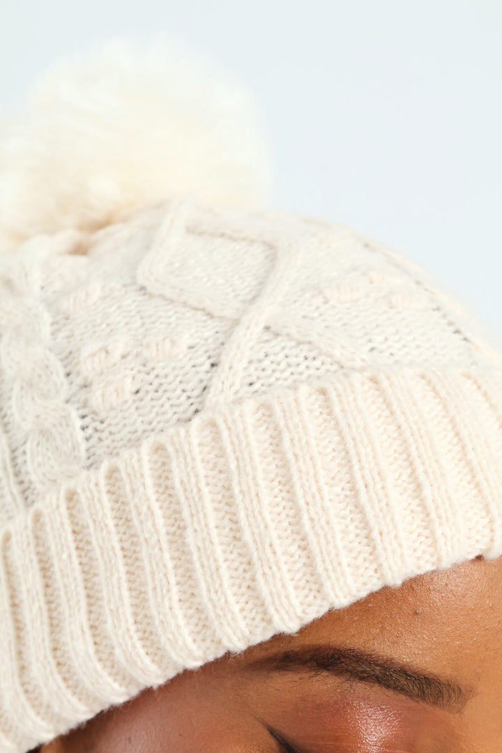 Knitted Turn Up Pom Pom Beanie - Cream