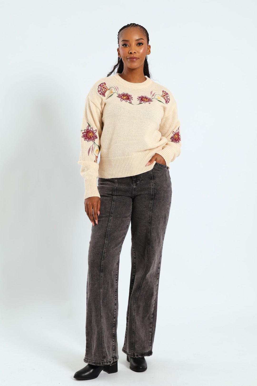 Floral Embroidered Pullover - Oatmeal Melange