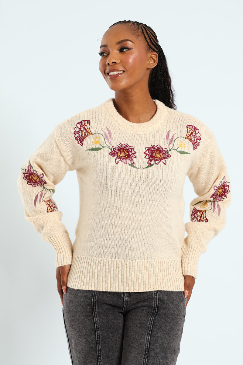 Floral Embroidered Pullover - Oatmeal Melange