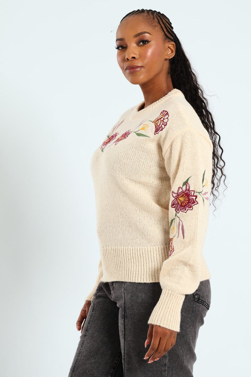 Floral Embroidered Pullover - Oatmeal Melange