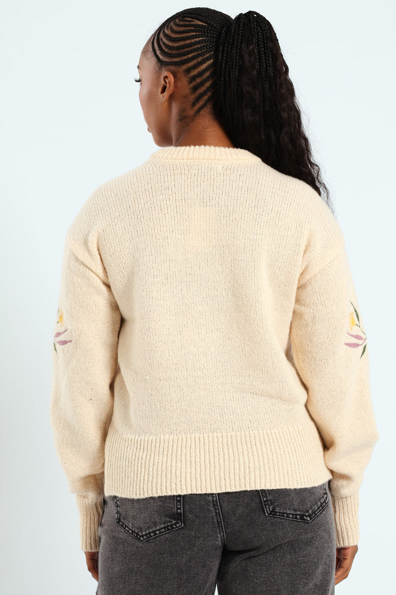 Floral Embroidered Pullover - Oatmeal Melange