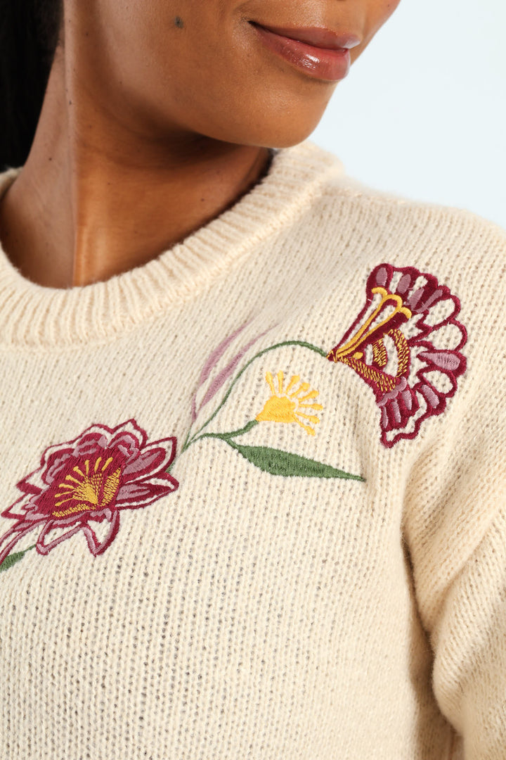 Floral Embroidered Pullover - Oatmeal Melange