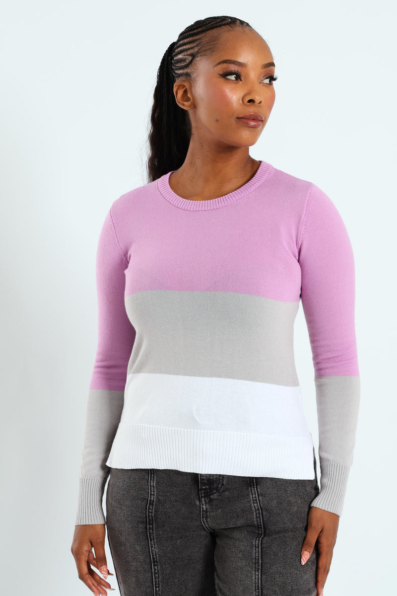 Colourblock Bold Stripe Pullover - Grape/White