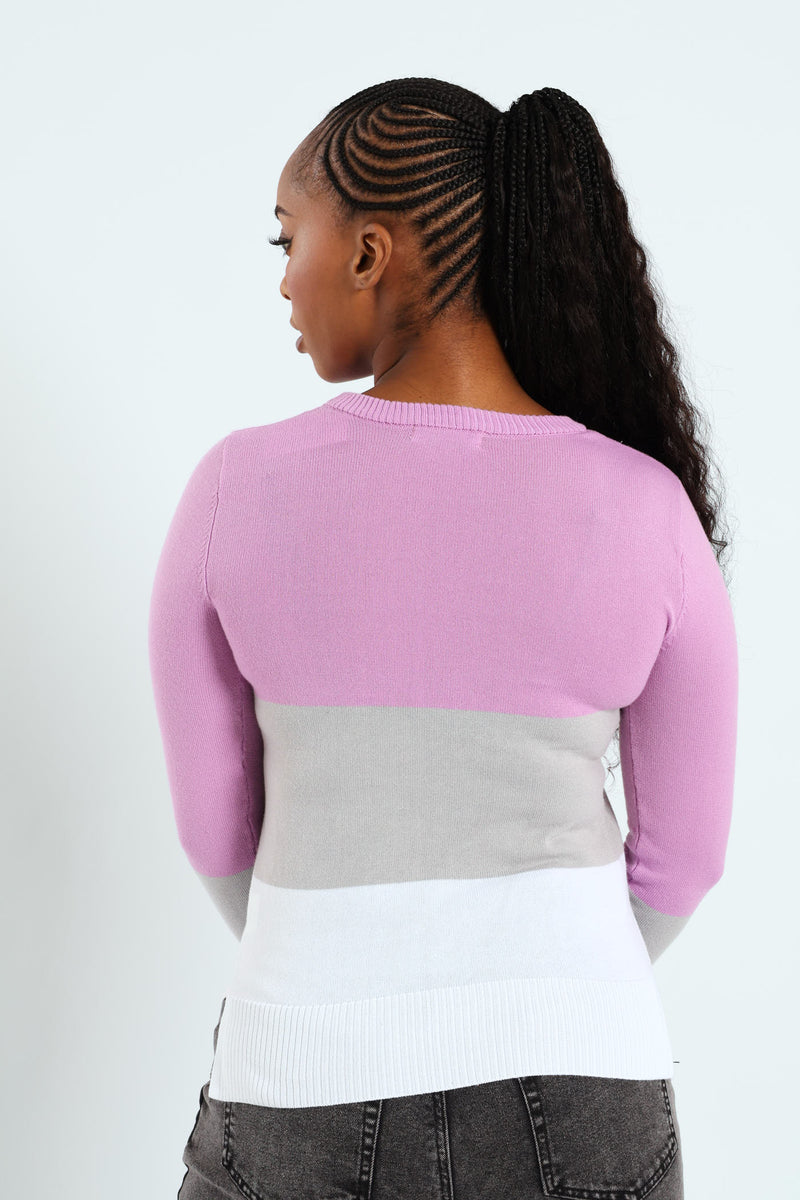 Colourblock Bold Stripe Pullover - Grape/White