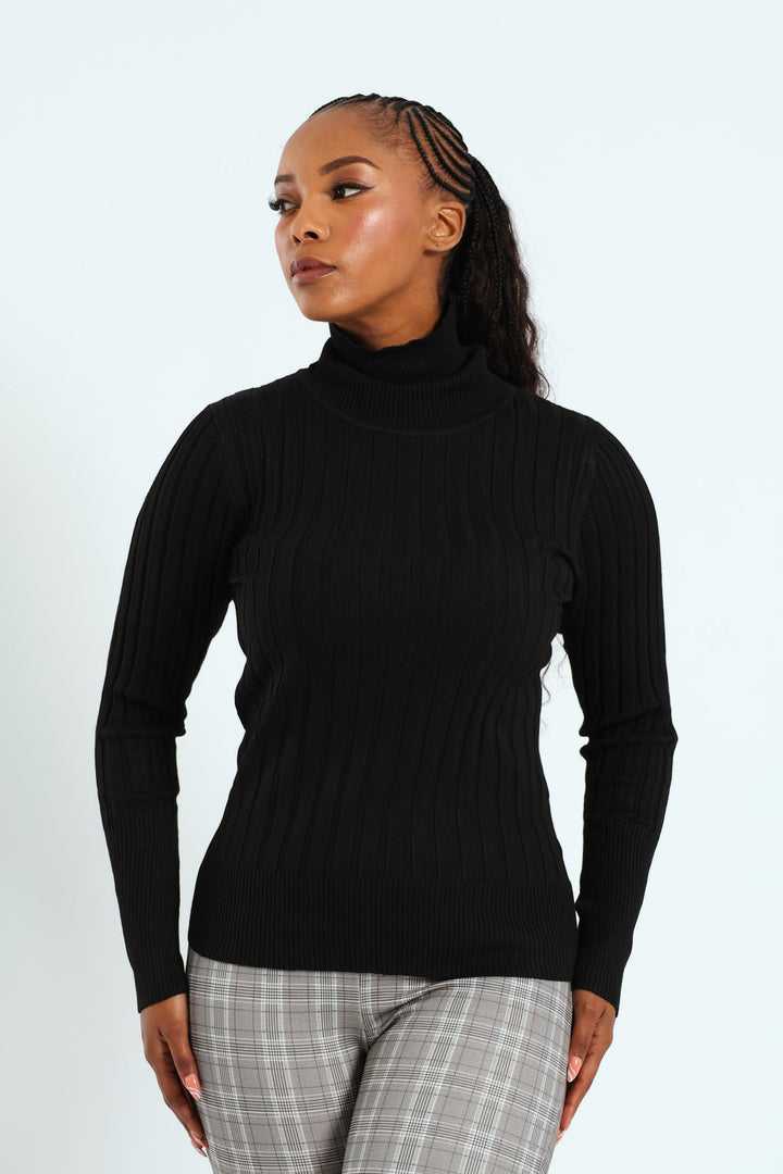 Ribbed Plain Poloneck - Black