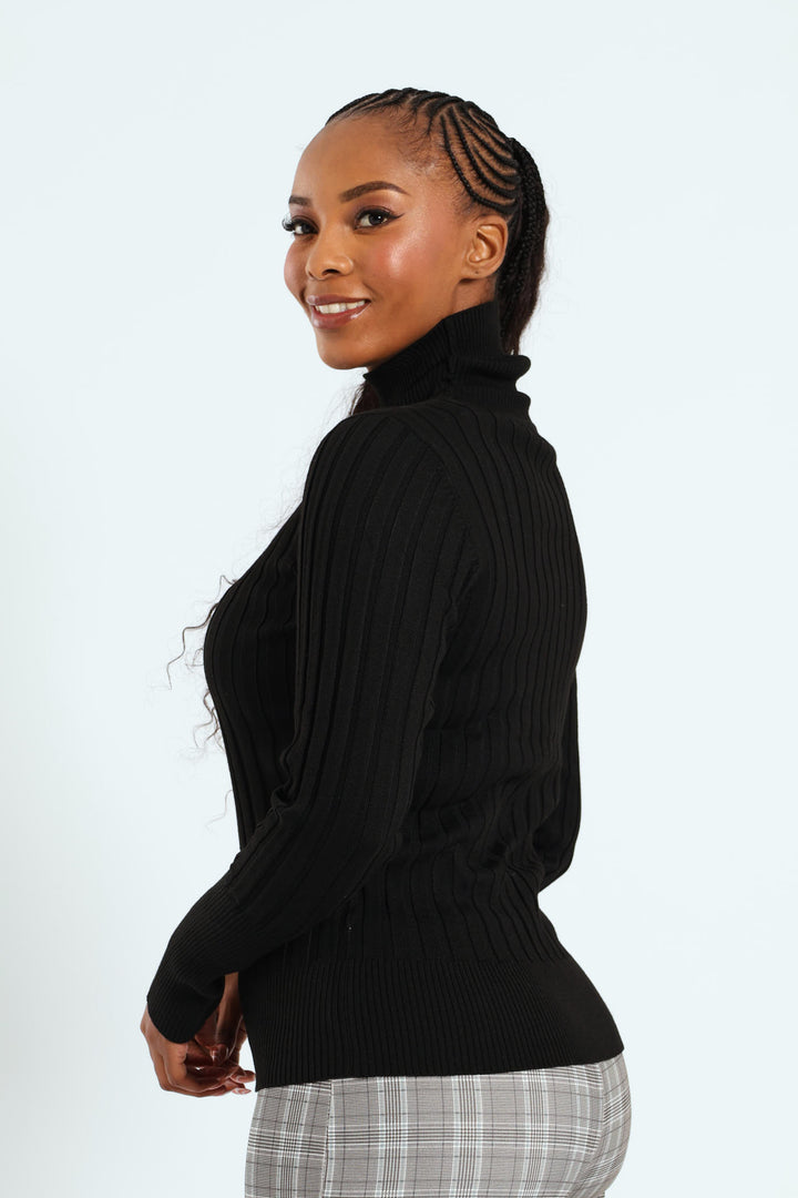 Ribbed Plain Poloneck - Black